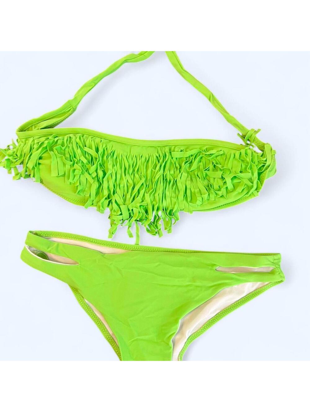 Vintage Y2K neon green Top Melon fringe bikini set size small NWOT